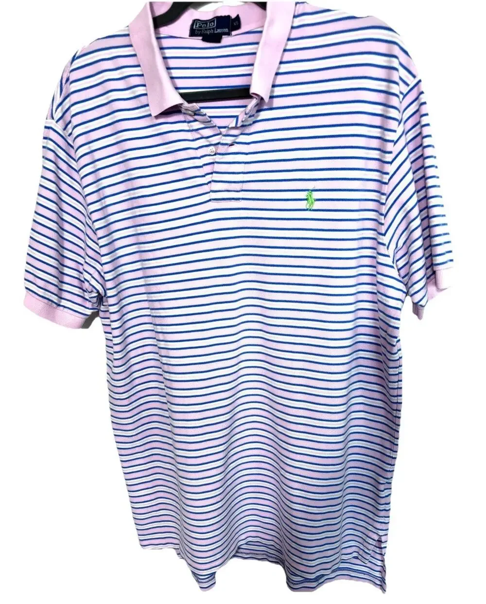 POLO Ralph Lauren Men’s Polo Shirt Short Sleeve Pink Blue Stripe 100% Cotton XL
